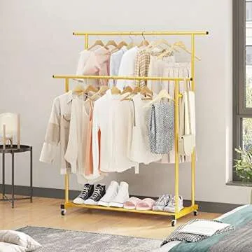 Calmootey Double Rod Clothing Garment Rack,Rolling Hanging Clothes Rack,Portable Clothes Organizer for Bedroom,Living Room,Clothing Store,Gold