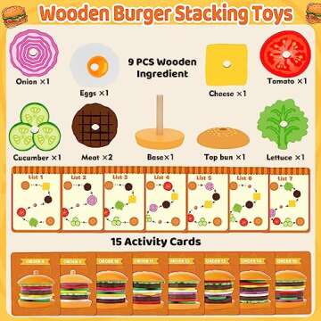 Jumlys Montessori Toys for 2, 3, 4, 5, Year Old, Wooden Burger Stacking Toys, Fine Motor Toys for Ki...