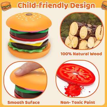 Jumlys Montessori Toys for 2, 3, 4, 5, Year Old, Wooden Burger Stacking Toys, Fine Motor Toys for Kids Boys Girls, Ideal Preschool Educational and Learning Toys, Perfect Christmas Birthday Gifts