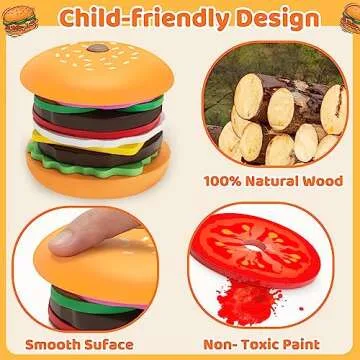 Jumlys Montessori Toys for 2, 3, 4, 5, Year Old, Wooden Burger Stacking Toys, Fine Motor Toys for Kids Boys Girls, Ideal Preschool Educational and Learning Toys, Perfect Christmas Birthday Gifts
