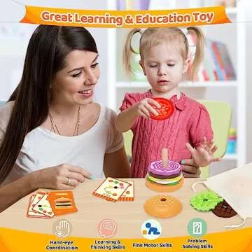Jumlys Montessori Toys for 2, 3, 4, 5, Year Old, Wooden Burger Stacking Toys, Fine Motor Toys for Kids Boys Girls, Ideal Preschool Educational and Learning Toys, Perfect Christmas Birthday Gifts