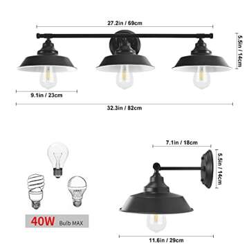 GoYeel Bathroom Vanity Light Fixtures Over Mirror， Matte Black Vanity Wall Sconce Lighting 3 Lights Rustic Farmhouse Vanity Light Industrial Indoor Wall Light Fixture for Bathroom Dressing Table