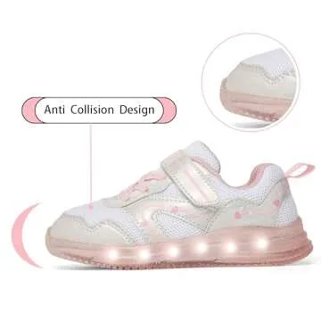 SKYWHEEL Girls White Light Up Shoes Toddler Pink Tennis Hook and Loop(White Size 11)