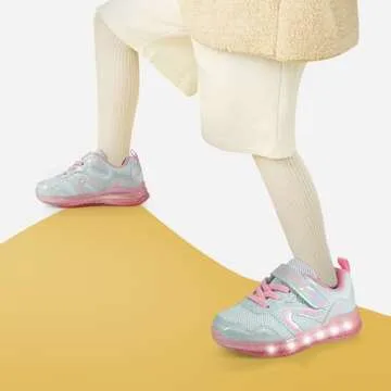 SKYWHEEL Girls White Light Up Shoes Toddler Pink Tennis Hook and Loop(White Size 11)
