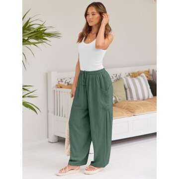 LILLUSORY Women Linen Summer Spring Fashion Outfits Palazzo Casual Flowy Pants Wide Leg Trouser Boho Lounge Drawstring Loose Lightweight Beach Trendy Harem Hippie Clothes with Pocket Green XL