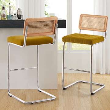 Bar Stools Set of 2, 30" Bar Height Barstool with Rattan Back, Velvet Upholstered Bar Stool, Metal F...