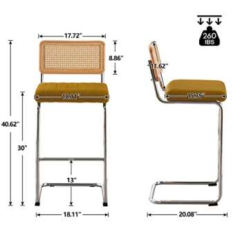Bar Stools Set of 2, 30" Bar Height Barstool with Rattan Back, Velvet Upholstered Bar Stool, Metal Frame in Chrome Finish, Mid Century Modern Kitchen Stool Bar Chair for Island Home Pub, (Yellow)