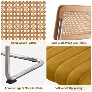 Bar Stools Set of 2, 30" Bar Height Barstool with Rattan Back, Velvet Upholstered Bar Stool, Metal Frame in Chrome Finish, Mid Century Modern Kitchen Stool Bar Chair for Island Home Pub, (Yellow)