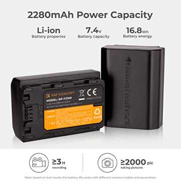 K&F Concept NP-FZ100 Battery and Dual Slot Charger Set for Sony A7iii, A7iv, A7C, A6700, A6600, ZV-E...