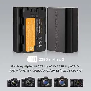 K&F Concept NP-FZ100 Battery and Dual Slot Charger Set for Sony A7iii, A7iv, A7C, A6700, A6600, ZV-E1, ZV-E10ii, FX3, FX30, A9, Alpha 9, Alpha 9S, A9S, A7R3, A7R4 Camera Batteries, 2280mAH