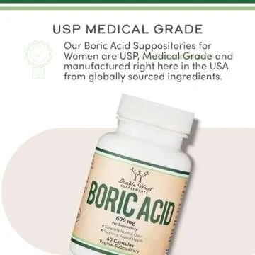 Boric Acid Suppositories (600mg Vaginal Suppository, 60 Count) Supports Vaginal pH Balance, Odor Control (USP Medical Grade Fine Powder, Easy Dissolve, Third Party Tested) by Double Wood