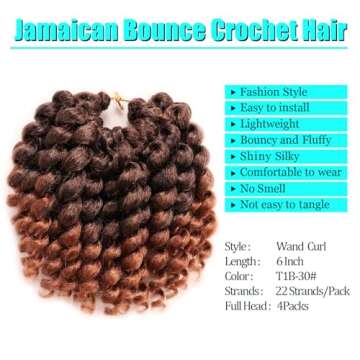 Jamaican Bounce Crochet Hair - 4 Packs Deal 6 Inch Jumpy Wand Curl Crochet Hair For Black Women (6 I...