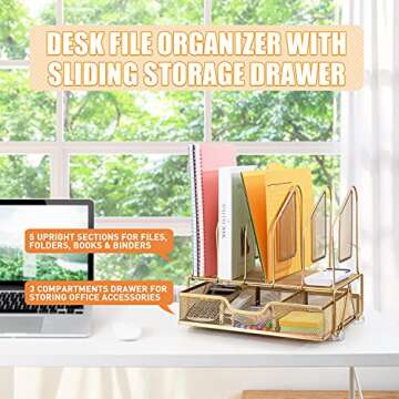 Beiz Gold Desk Organizer and Accessories Storage with 5 Vertical File Folder Holders, Paper Tray, Dr...