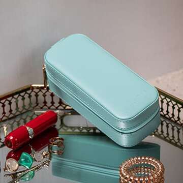 SANQIANWAN Small Jewelry Travel Organizer Box with PU Leather Portable Jewelry Storage Case for Necklace Rings Earrings,Gifts for Girlfriend, (LakeBlue)