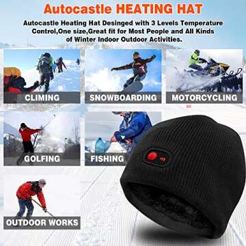 Autocastle 7.4V Heated Hat Men Women Battery Heat Cap Winter Warm Rechargeable Electric Battery Knitted Skull Beanies Black