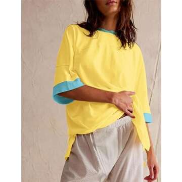 ACCPUR Women Color Block Y2K Oversized 3/4 Sleeve T Shirts Round Neck Split Side Patchwork Loose Fit Summer Tee Tops 2024 Yellow