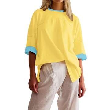 ACCPUR Women Color Block Y2K Oversized 3/4 Sleeve T Shirts Round Neck Split Side Patchwork Loose Fit Summer Tee Tops 2024 Yellow