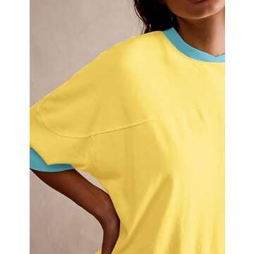 ACCPUR Women Color Block Y2K Oversized 3/4 Sleeve T Shirts Round Neck Split Side Patchwork Loose Fit Summer Tee Tops 2024 Yellow