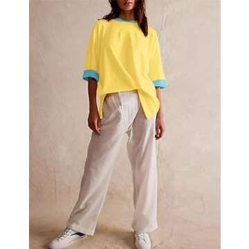 ACCPUR Women Color Block Y2K Oversized 3/4 Sleeve T Shirts Round Neck Split Side Patchwork Loose Fit Summer Tee Tops 2024 Yellow