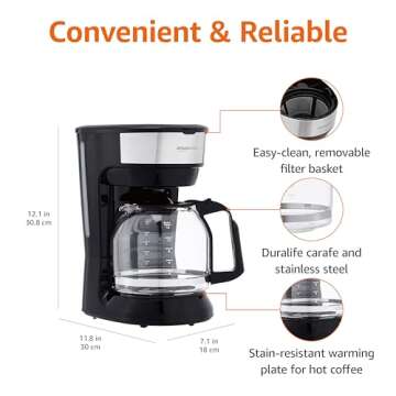 Amazon Basics Coffee Makers, 12-Cup Coffee Machines with Reusable Filter, Coffee Pots, Black & Stainless Steel
