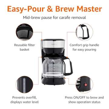 Amazon Basics Coffee Makers, 12-Cup Coffee Machines with Reusable Filter, Coffee Pots, Black & Stainless Steel