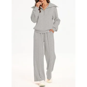 Aleumdr Two Piece Outfits Half Zip Sweatshirt Sweatsuit Fleece Lounge Sets for Women Matching Set Oversized Pullover Wide Leg Sweatpant Tracksuit 2024 Fall Fashion Travel Athletic Clothing Grey
