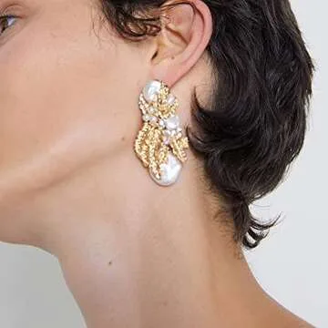 Wiwpar Pearl Drop Statement Earrings Gold Fashion Pearl Geometric Dangle Earrings Rhinestone Pearl D...