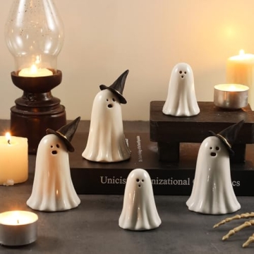 Jingmore 5 Pcs Ghost Halloween Decorations Ceramic Ghost Figurine Ghost Halloween Indoor Decor Spook...