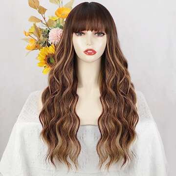 AISI QUEENS Long Wavy Brown Highlight Wig with Bangs for Women