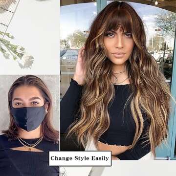 AISI QUEENS Long Wavy Wig with Bangs for Stunning Look