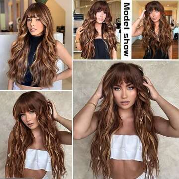 AISI QUEENS Long Wavy Wig with Bangs for Stunning Look