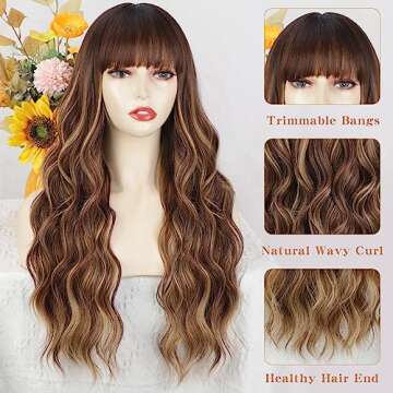 AISI QUEENS Long Wavy Wig with Bangs for Stunning Look