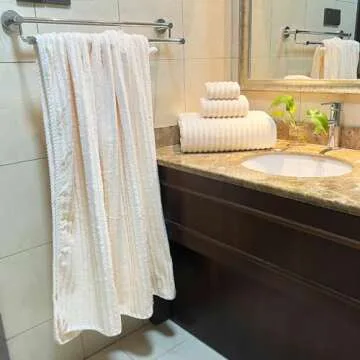 YTYC 39x78 Inches Oversized Bath Sheets Towels Set Extra Large Towels for Bathroom Luxry Plush Super Soft Absorbent Stripe Hanging Loop Microfiber Shower Towels 80% Polyester (Cream, 2PCS)