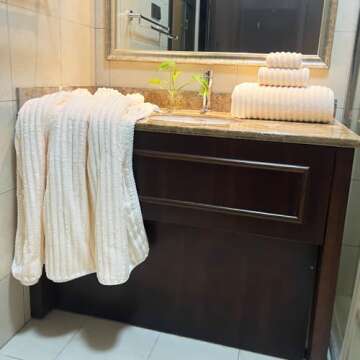 YTYC 39x78 Inches Oversized Bath Sheets Towels Set Extra Large Towels for Bathroom Luxry Plush Super Soft Absorbent Stripe Hanging Loop Microfiber Shower Towels 80% Polyester (Cream, 2PCS)