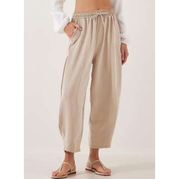 EVALESS Harem Pants Women Trendy Casual Summer Drawstring Elastic Waist Tapered Ankle Trousers Apric...