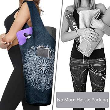 Yoga Mat Bag - Long Tote with Pockets - Holds More Yoga Accessories Carrier- Bag Fit Most Size Mats - Mandala Black