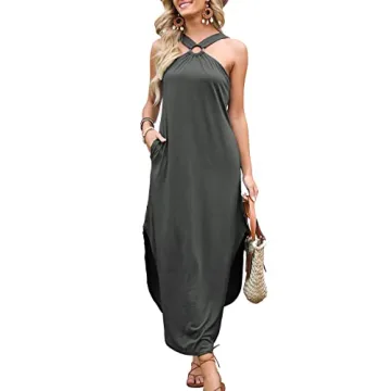 ANRABESS Women Summer Halter Neck Maxi Dress Sleeveless Casual Split Side Beach Sundress Travel Vacation Outfits with Pockets Gray Black Large