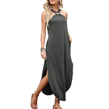 ANRABESS Women Summer Halter Neck Maxi Dress Sleeveless Casual Split Side Beach Sundress Travel Vacation Outfits with Pockets Gray Black Large