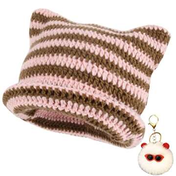 Women Beanie Hat Cat Ear Beanie Striped Crochet Hat for Women Pink