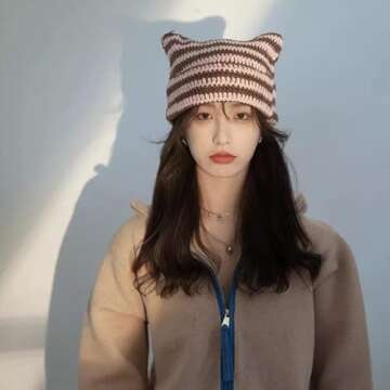 Women Beanie Hat Cat Ear Beanie Striped Crochet Hat for Women Pink