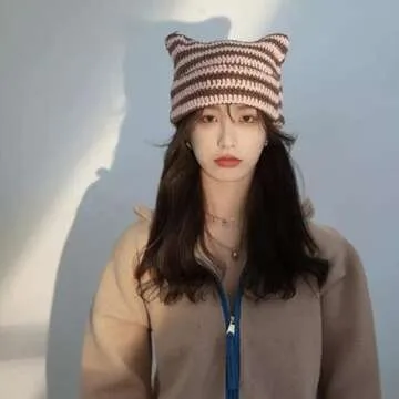 Women Beanie Hat Cat Ear Beanie Striped Crochet Hat for Women Pink