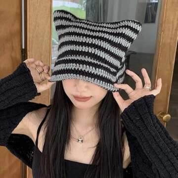 Women Beanie Hat Cat Ear Beanie Striped Crochet Hat for Women Pink