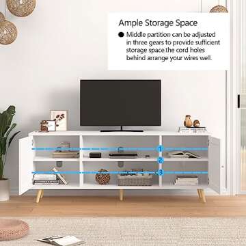 Vinctik 6&Fox 68IN Rattan TV Stand for 75/65 Inch TV, White TV Stand,Mid Century Entertainment Center with Natural Rattan Door, Large Boho Media TV Console, Television Stand for Living Room(White)