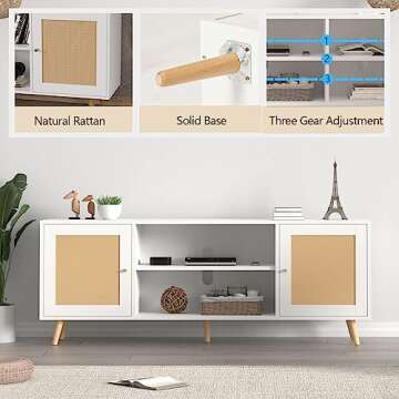 Vinctik 6&Fox 68IN Rattan TV Stand for 75/65 Inch TV, White TV Stand,Mid Century Entertainment Center with Natural Rattan Door, Large Boho Media TV Console, Television Stand for Living Room(White)