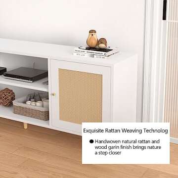 Vinctik 6&Fox 68IN Rattan TV Stand for 75/65 Inch TV, White TV Stand,Mid Century Entertainment Center with Natural Rattan Door, Large Boho Media TV Console, Television Stand for Living Room(White)