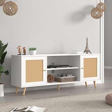 Vinctik 6&Fox 68IN Rattan TV Stand for 75/65 Inch TV, White TV Stand,Mid Century Entertainment Center with Natural Rattan Door, Large Boho Media TV Console, Television Stand for Living Room(White)