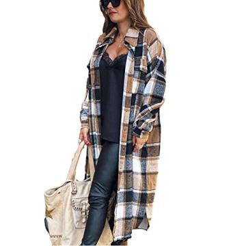 Omoone Women's Flannel Plaid Shacket Fall Oversized Long Button Down Shirt Jacket Shackets(Brown-S)