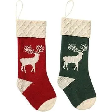 Guojanfon Christmas Stockings,Big Size 2Pack 18-Inch Extra Long Hand-Knitted Red/Green Reindeer Snow...