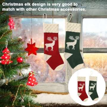 Guojanfon Christmas Stockings,Big Size 2Pack 18-Inch Extra Long Hand-Knitted Red/Green Reindeer Snowflakes Xmas Character for Family Holiday Season Decor