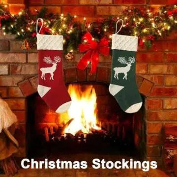 Guojanfon Christmas Stockings,Big Size 2Pack 18-Inch Extra Long Hand-Knitted Red/Green Reindeer Snowflakes Xmas Character for Family Holiday Season Decor
